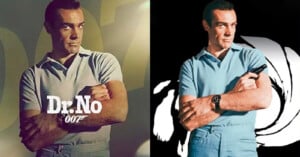 A man in a light blue polo stands with arms crossed, looking confident. On the left, the background is gold with "Dr. No 007" text. On the right, the background is black and white with a stylized gun barrel design.