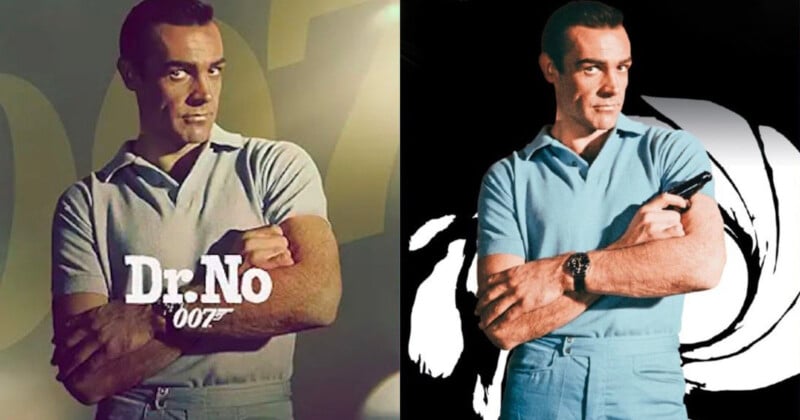 A man in a light blue polo stands with arms crossed, looking confident. On the left, the background is gold with "Dr. No 007" text. On the right, the background is black and white with a stylized gun barrel design.