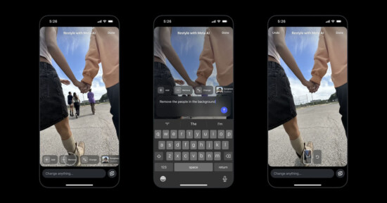 Three phone screens display an image editing app. The edited photo shows two people holding hands; the middle screen shows text input to remove background people, and the last screen shows those people removed from the image.