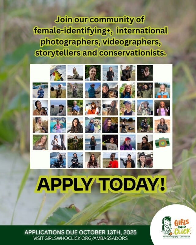A collage of diverse female-identifying photographers, videographers, and storytellers outdoors, with bold text: “Join our community… APPLY TODAY!” and details about applying to Girls Who Click by October 13, 2025.
