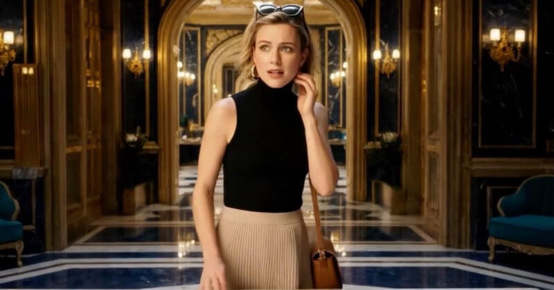 Una mujer rubia, vestida con una blusa negra sin mangas, una falda beige y gafas de sol en la cabeza, estaba parada en un elegante y hermoso pasillo con adornos dorados y pisos de mármol, mirando ligeramente de reojo.