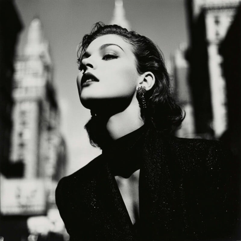 A woman in elegant attire poses confidently on a city street, with tall buildings blurred in the background. The black-and-white photo emphasizes her classic features and glamorous earrings.