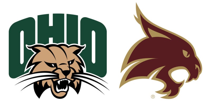 Dos logotipos deportivos universitarios: a la izquierda, una cara de lince feroz "Ohio" Escrito arriba en verde; a la derecha están los lados granate y dorado de la cabeza de un gato montés.