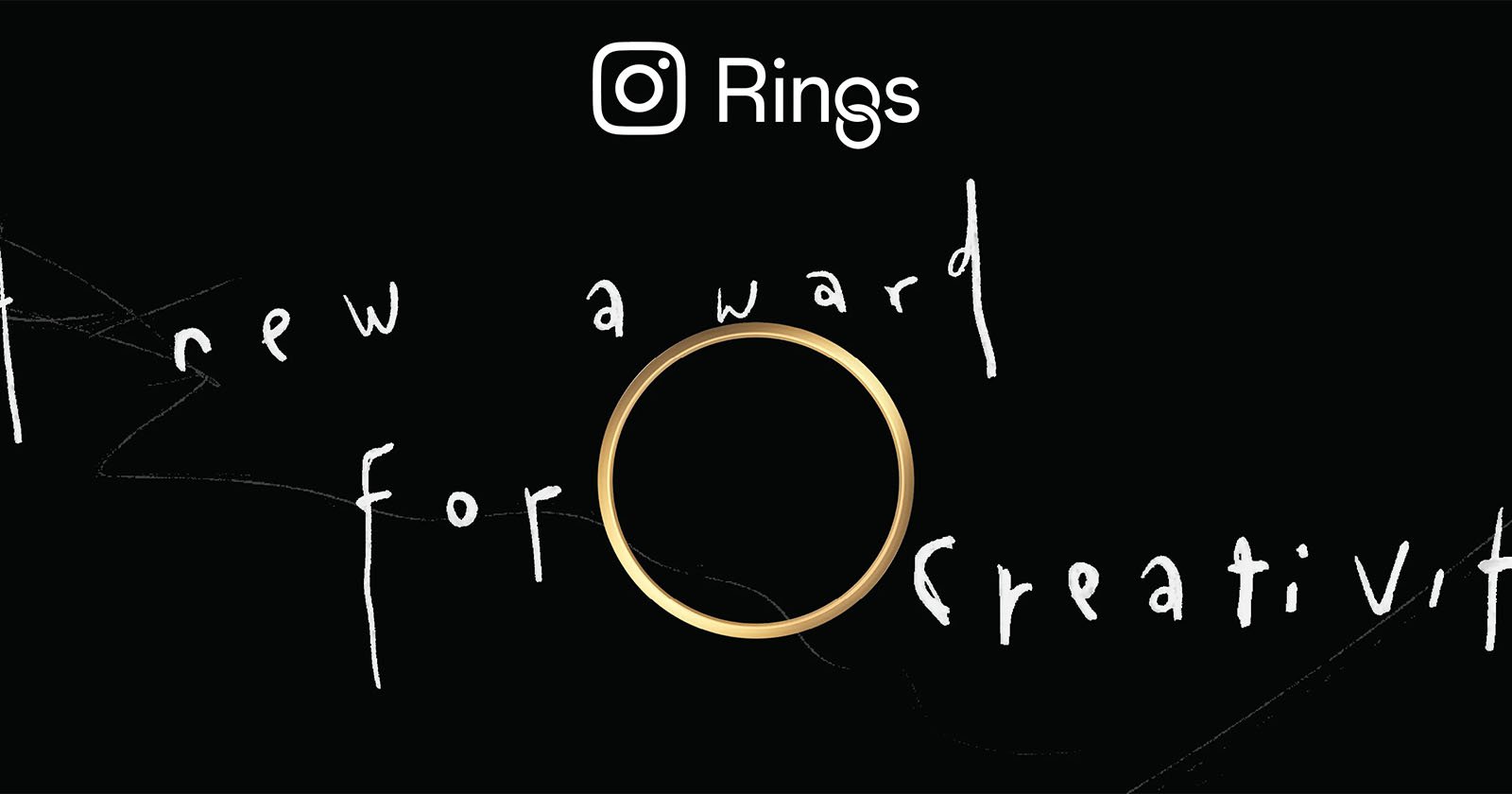 A gold ring is centered on a black background with white handwritten text reading "A new award for creativity," and an Instagram logo above the word "Rings.
