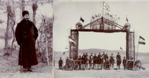 A sepia photo split in two: left side shows a man in a long coat and fur hat standing outdoors; right side shows soldiers on horseback under an archway decorated with rifles, flags, and cannons.