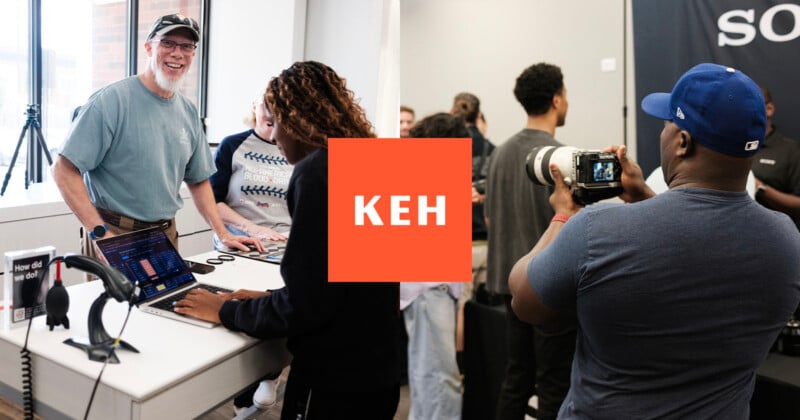 A smiling man speaks with a woman at a counter, while another man photographs a group with a camera. The orange KEH logo is centered between the two scenes.