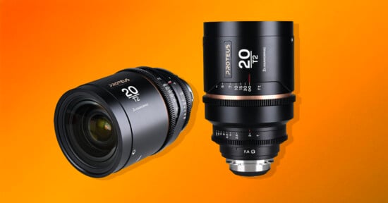 Two professional camera lenses, both labeled "20 T2" and "Proteus," are displayed against a vibrant orange gradient background. One lens is upright while the other is tilted to the left.