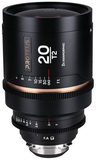 A Proteus 20mm T2 2x anamorphic camera lens with focus and aperture markings, featuring a black and metallic design.