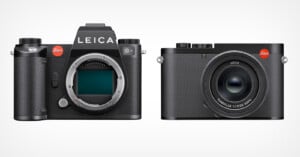 Two Leica digital cameras side by side on a white background: one with a visible sensor and no lens attached, and the other with a fixed lens, both featuring the red Leica logo.