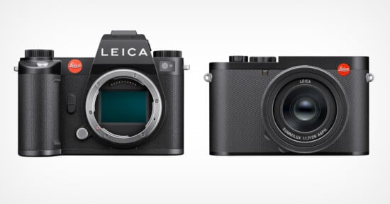 Two Leica digital cameras side by side on a white background: one with a visible sensor and no lens attached, and the other with a fixed lens, both featuring the red Leica logo.