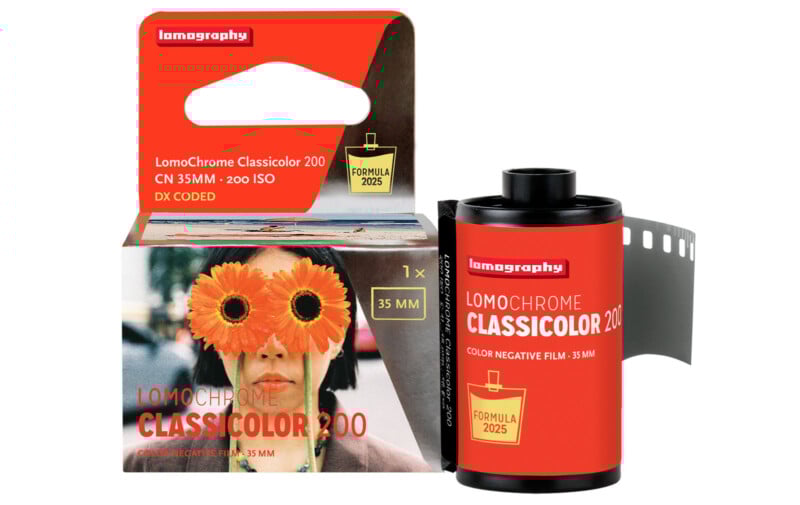 A 35mm roll of Lomochrome Color Negative Film (Classiccolor 200) is shown next to its packaging, which features a person with large orange flowers covering their eyes. The package displays branding and film details.