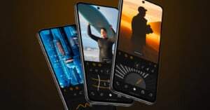 Three smartphones with editing apps open, displaying vibrant photos: a cityscape, a surfer holding a board, and a person with a dog at sunset. Editing controls and adjustment sliders are visible on each screen.