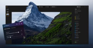 A computer screen displays photo editing software with a mountain landscape. Editing panels show options for "Enhance," adjusting sliders for "Accent" and "Sky Enhancer." Various tool options appear on the right.
