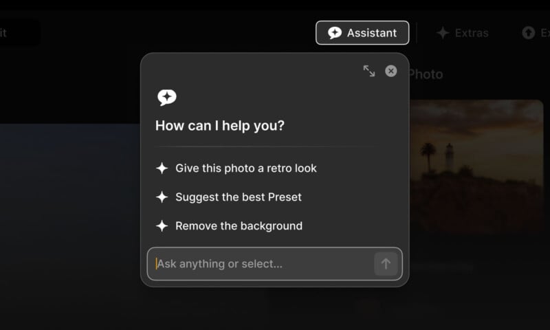 A dark-themed pop-up window titled "How can I help you?" offers three options: give a photo a retro look, suggest the best preset, and remove the background. A text box for typing questions is at the bottom.