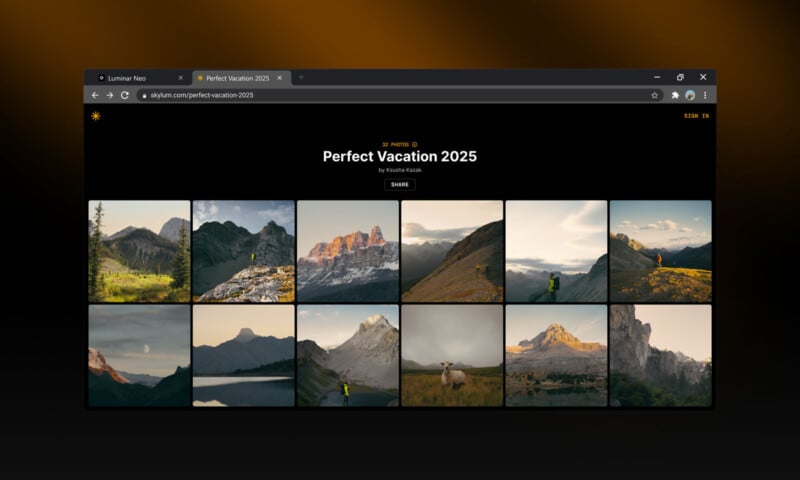 A computer screen displays a photo gallery titled "Perfect Vacation 2025," featuring twelve scenic landscape photos of mountains, lakes, and outdoor views arranged in a 4x3 grid.