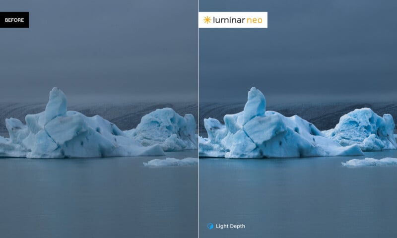 Split image showing a glacier before (left) and after (right) editing with Luminar Neo; the edited side appears brighter and more vibrant, enhancing the blue tones of the ice and sky.