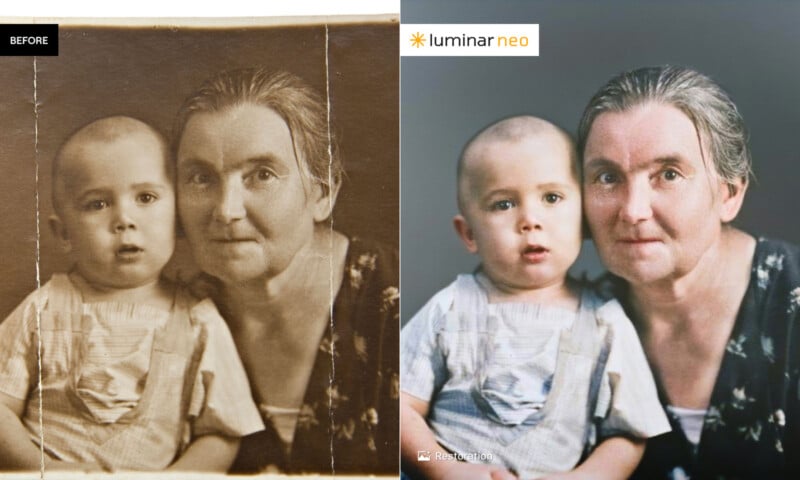 Side-by-side comparison of an old sepia-toned photo of a woman and child (left) and a digitally restored, colorized version of the same image using Luminar Neo (right).