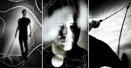 A black-and-white triptych: a blurred figure with a cane on the left, a somber face overlaid with abstract white lines in the center, and a close-up of a hand holding a cane on the right.