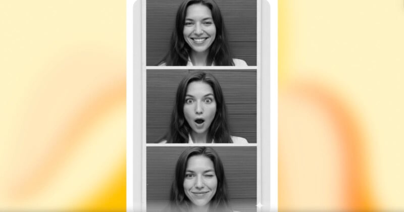 A black-and-white photo booth strip shows a woman with long hair posing against a plain background. Top: smiling. Middle: surprised with wide eyes and open mouth. Bottom: winking with a slight smile.