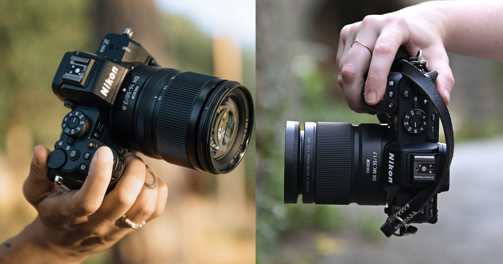 Two hands holding Nikon cameras outdoors; the left side shows a camera angled upward, while the right side shows a camera held from above, both with attached zoom lenses.