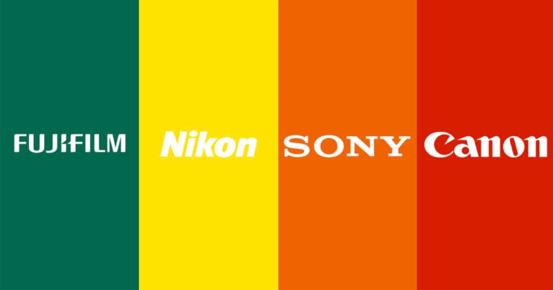 Four vertical color stripes with camera brand names: Fujifilm on green, Nikon on yellow, Sony on orange, and Canon on red, each in their distinctive logo fonts.
