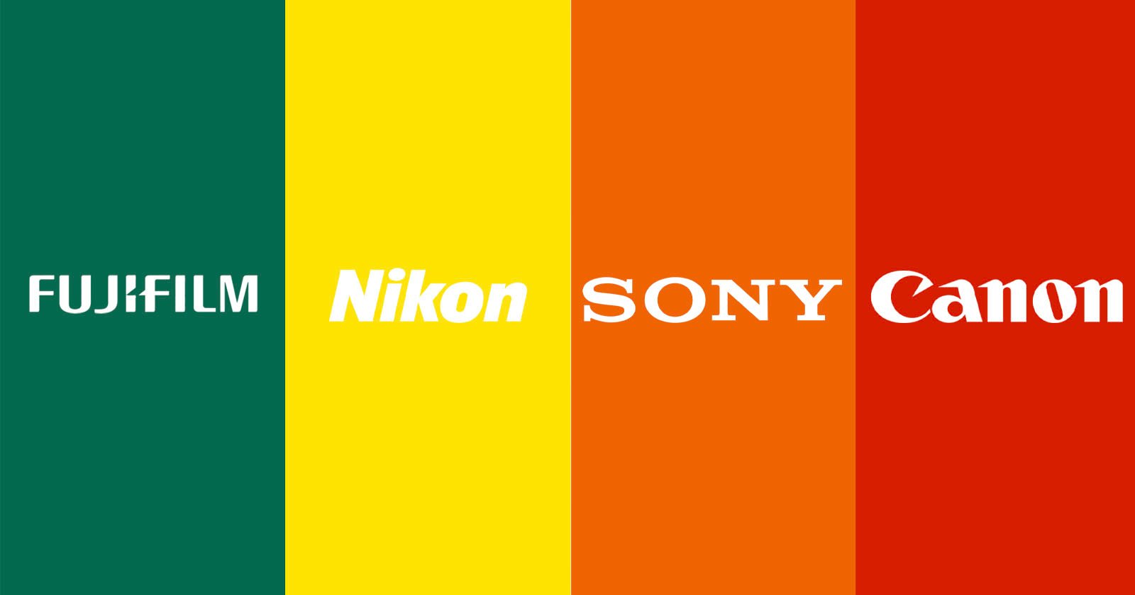 Four vertical color stripes with camera brand names: Fujifilm on green, Nikon on yellow, Sony on orange, and Canon on red, each in their distinctive logo fonts.