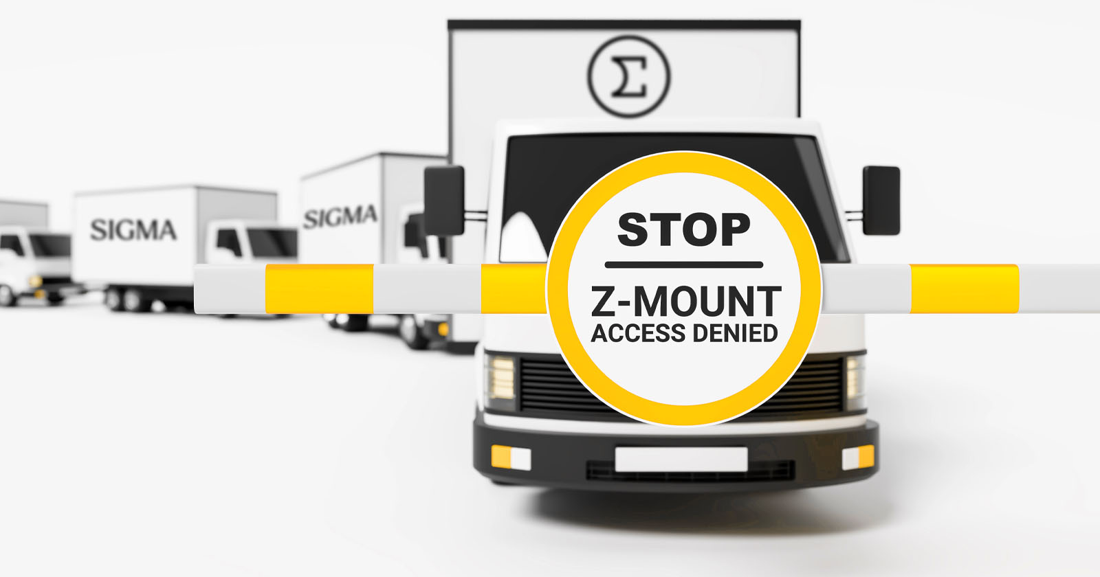 A row of trucks labeled "SIGMA" is stopped by a barrier with a sign reading "STOP Z-MOUNT ACCESS DENIED." The background is white and minimalistic.