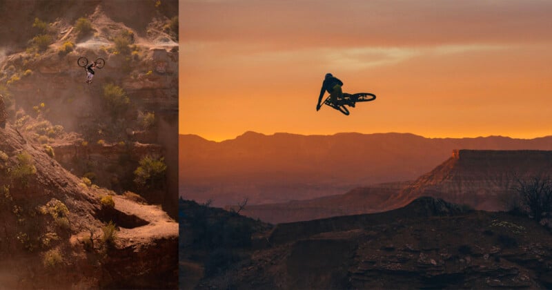 Two mountain bikers perform aerial tricks over rugged desert terrain at sunset, with dramatic cliffs and orange sky in the background.