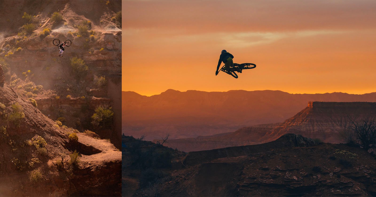 Two mountain bikers perform aerial tricks over rugged desert terrain at sunset, with dramatic cliffs and orange sky in the background.
