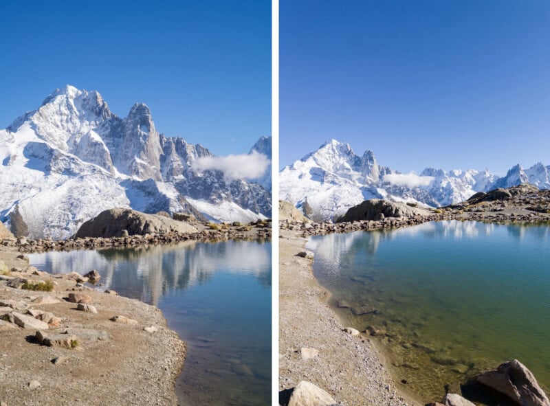Split-view image showing a clear mountain lake in the foreground with snow-covered peaks and blue sky in the background. The left and right sides display slightly different perspectives of the same scenic landscape.