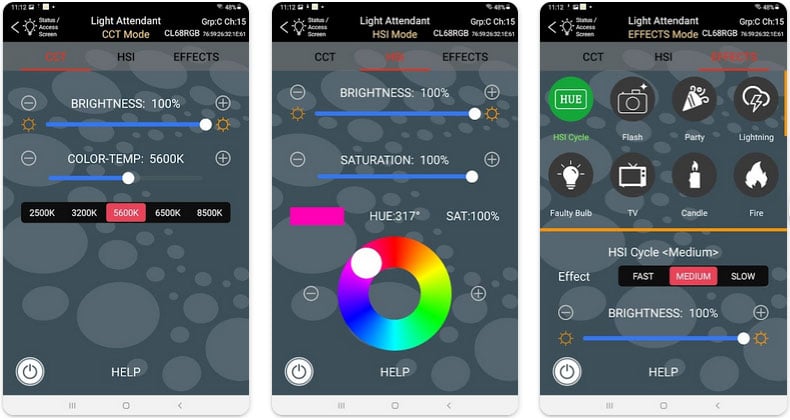 Three smartphone screens display a lighting control app with settings for brightness, color temperature, hue, saturation, and special effects, featuring sliders, color wheels, and effect buttons.
