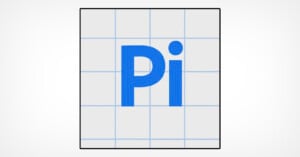 A blue capital letter "P" and lowercase "i" appear centered on a white background with a light blue grid pattern. The grid is made up of evenly spaced vertical and horizontal lines.