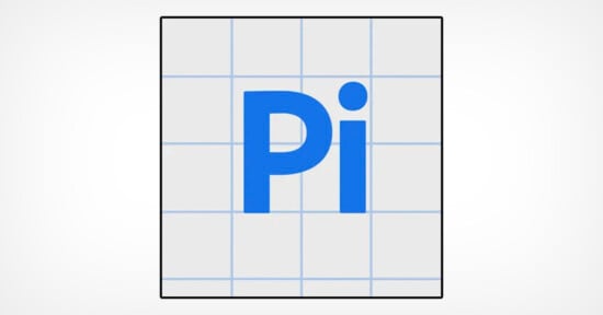 A blue capital letter "P" and lowercase "i" appear centered on a white background with a light blue grid pattern. The grid is made up of evenly spaced vertical and horizontal lines.