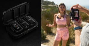 A black wireless microphone kit is shown in a charging case on the left. On the right, a woman in pink athletic wear is being filmed outdoors, wearing a clip-on mic while talking to the camera.