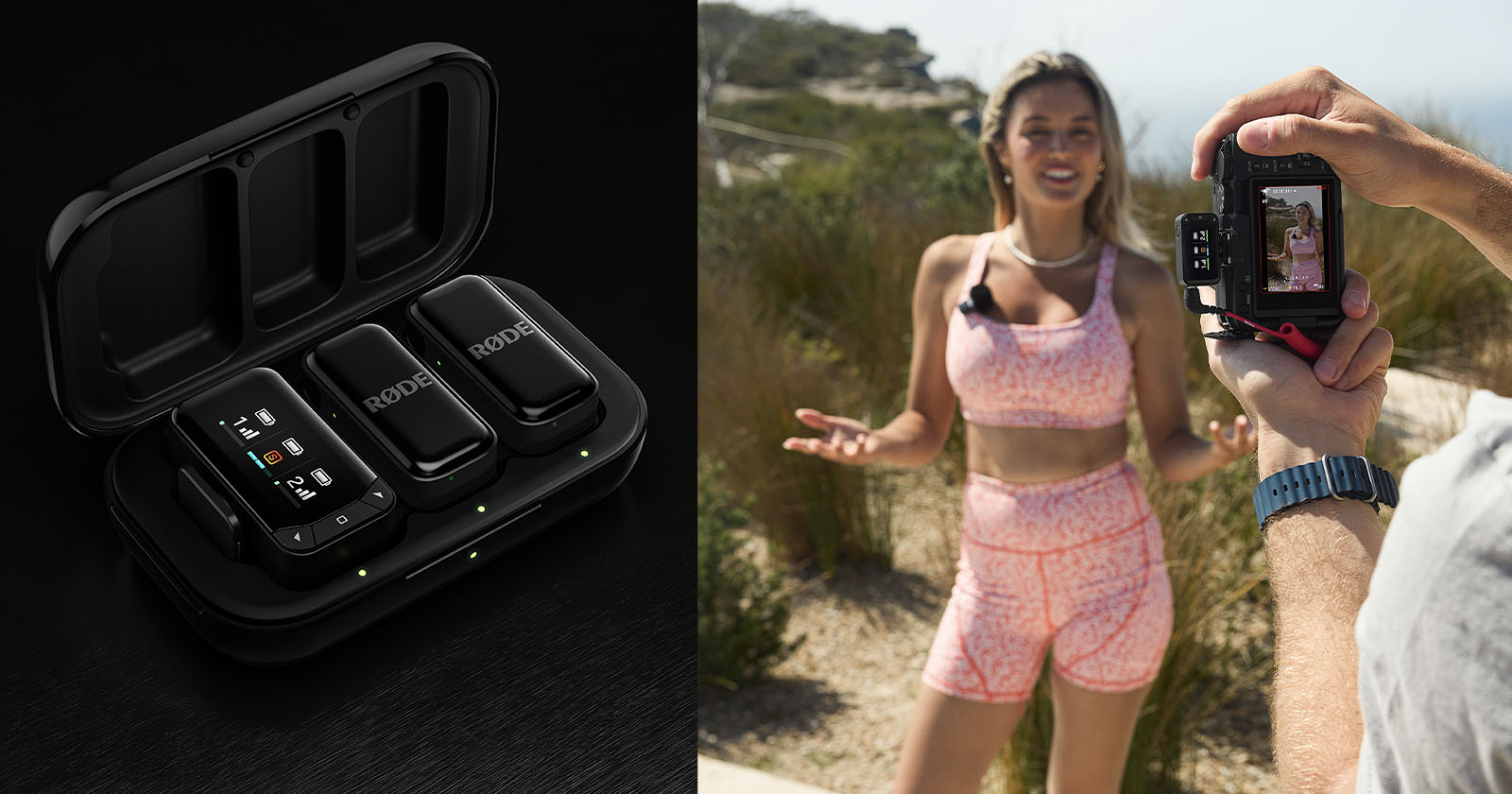 A black wireless microphone kit is shown in a charging case on the left. On the right, a woman in pink athletic wear is being filmed outdoors, wearing a clip-on mic while talking to the camera.