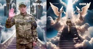 A split image: left side shows a man in military uniform raising his right hand; right side shows a soldier climbing a staircase toward a shining light, surrounded by angels and clouds.