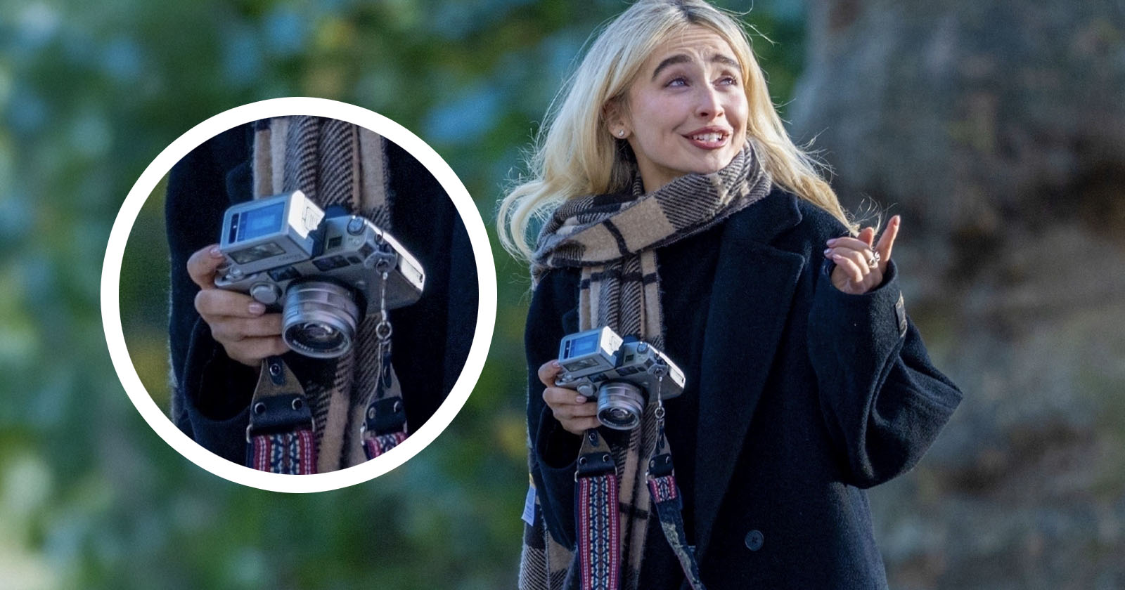 A woman with blonde hair, wearing a black coat and plaid scarf, smiles while holding a vintage film camera outdoors. There is a close-up inset of the camera in her hands. The background is blurred greenery.