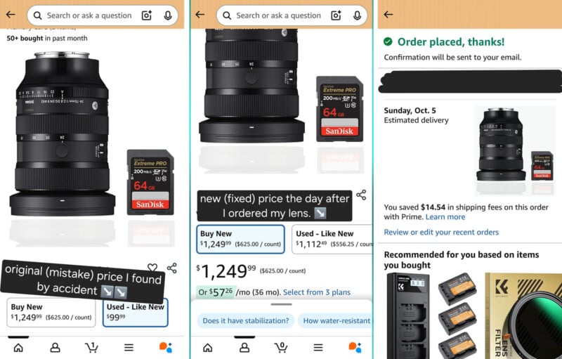 Three screenshots show a camera lens and memory card for sale online, with price changes and an order confirmation. First, the price is higher; next, it drops; then the order is placed at the higher price.