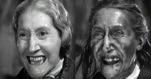 A split-screen image shows the same elderly woman. On the left, she smiles cheerfully with tidy hair and clean face; on the right, she appears distressed, with messy hair and a dark, dirty face, both in black and white.