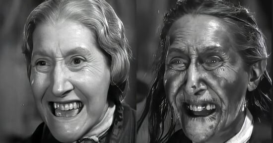 A split-screen image shows the same elderly woman. On the left, she smiles cheerfully with tidy hair and clean face; on the right, she appears distressed, with messy hair and a dark, dirty face, both in black and white.