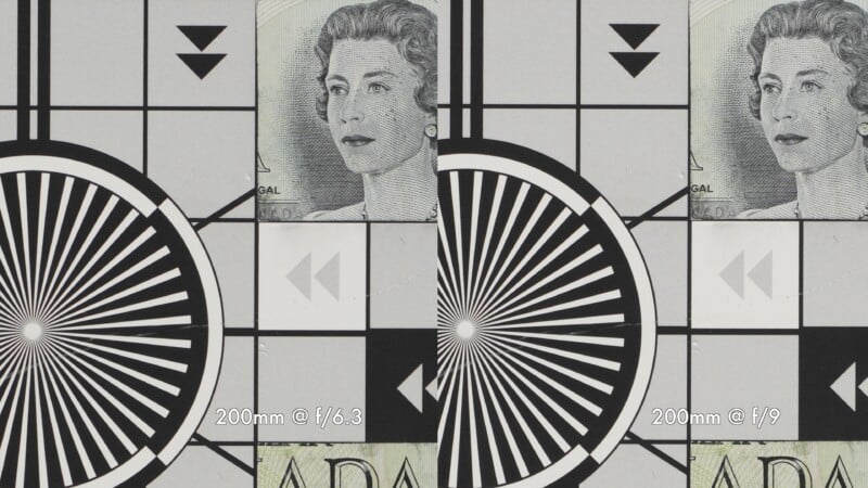 Side-by-side comparison of a test chart and partial portrait on a banknote, both labeled "200mm @ f/6.3" (left) and "200mm @ f/9" (right); illustrating differences in sharpness between apertures.