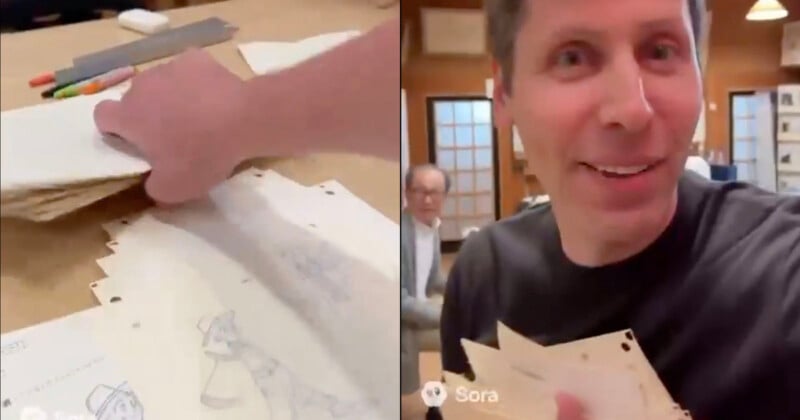 A split-screen image shows a hand flipping through animation sketches on a table (left) and a smiling man holding animation drawings with another person in the background (right).