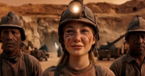 A group of miners in dusty helmets and dirty faces stand in front of a rocky, desert-like landscape; a smiling woman with a headlamp is in the center, flanked by two serious-looking men.
