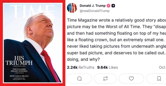 Cover of TIME magazine featuring Donald Trump looking upward with the headline "His Triumph." Next to it, a tweet criticizing the magazine cover as unflattering and questioning its intent.