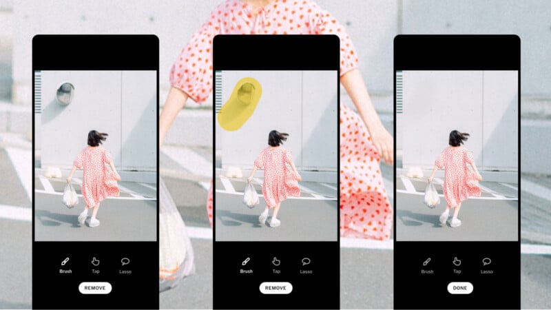 A photo editing app on a smartphone shows a girl in a pink polka-dot dress running outside, with a tool highlighting and removing a shadow on the wall in the background.
