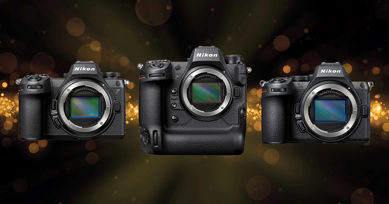 Three Nikon mirrorless cameras are displayed side by side against a dark background with golden bokeh lights. The camera in the middle is larger and has a vertical grip, while the other two are more compact.