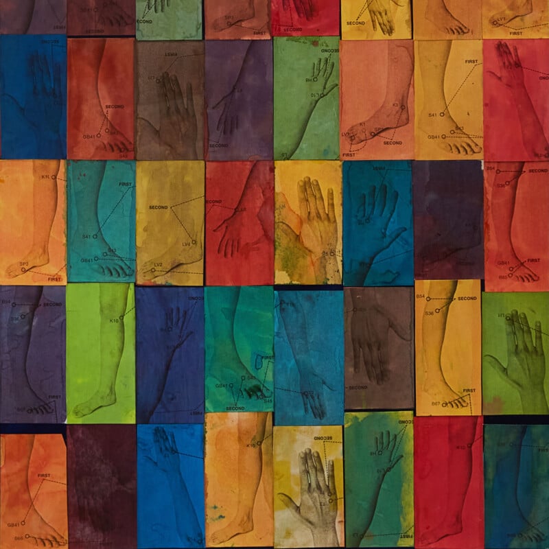A colorful grid of rectangles, each featuring outlines of hands or arms and labeled anatomical diagrams, with backgrounds in red, orange, yellow, green, blue, and purple tones.