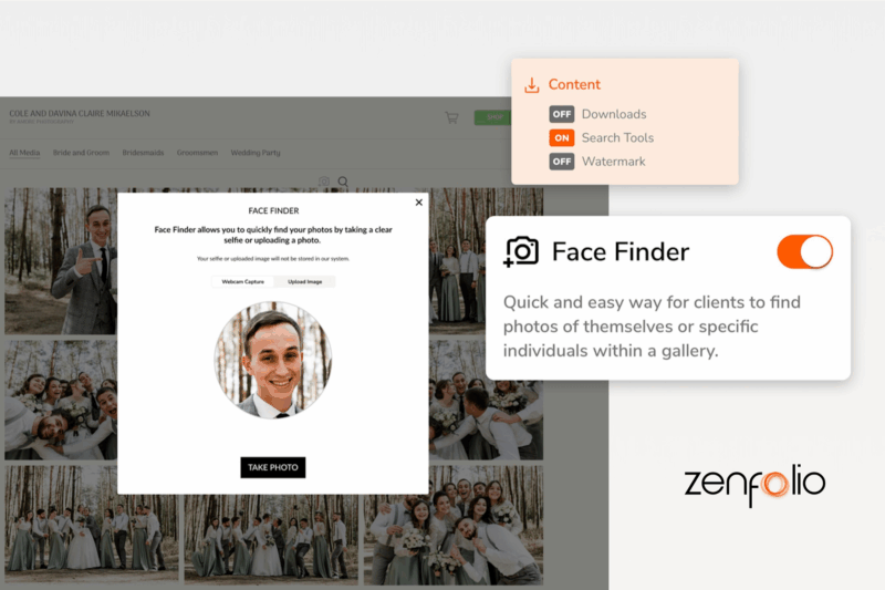 Screenshot of Zenfolio’s Face Finder feature showing a pop-up to upload or take a photo, with an orange toggle switched on. Background displays a wedding gallery and content settings menu.