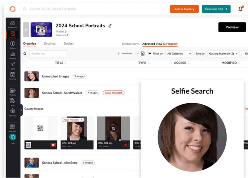 A computer screen displays a photo management interface with a highlighted "Selfie Search.” A woman’s selfie is shown in a circular frame, matching a photo in the gallery list labeled "Facial Mismatch.