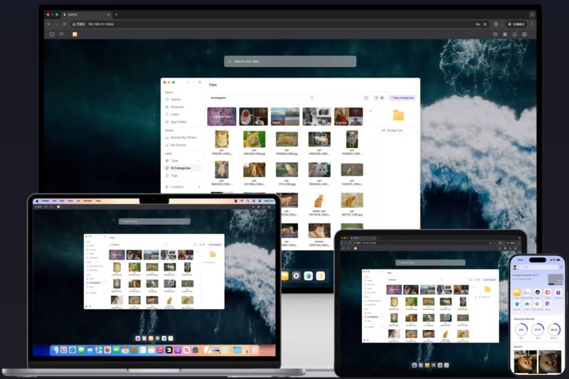 A desktop, laptop, tablet, and smartphone display the same file management app with thumbnail images on their screens, showcasing seamless cross-device synchronization against a dark wave-themed background.